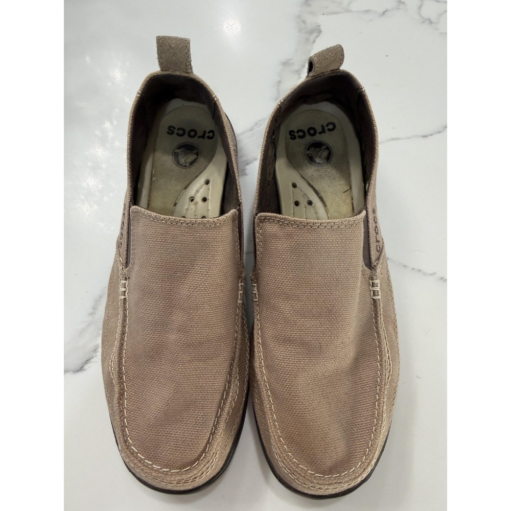 Crocs Shoes Mens Size 11 Beige Canvas Slip On Loafers Comfort Lightweight Casual